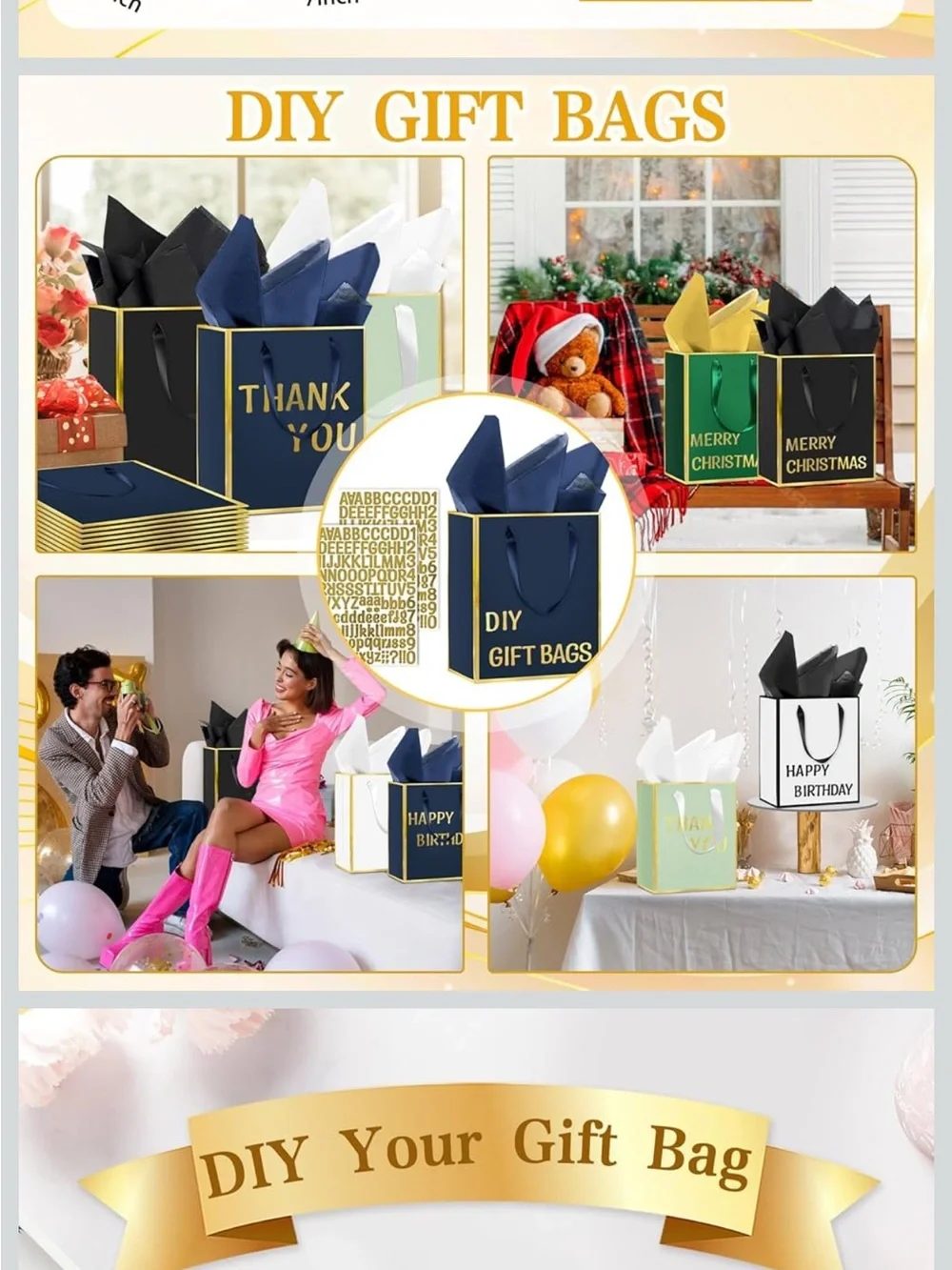 Navy Blue & Gift Bags with Gold Trim - 12 Pack